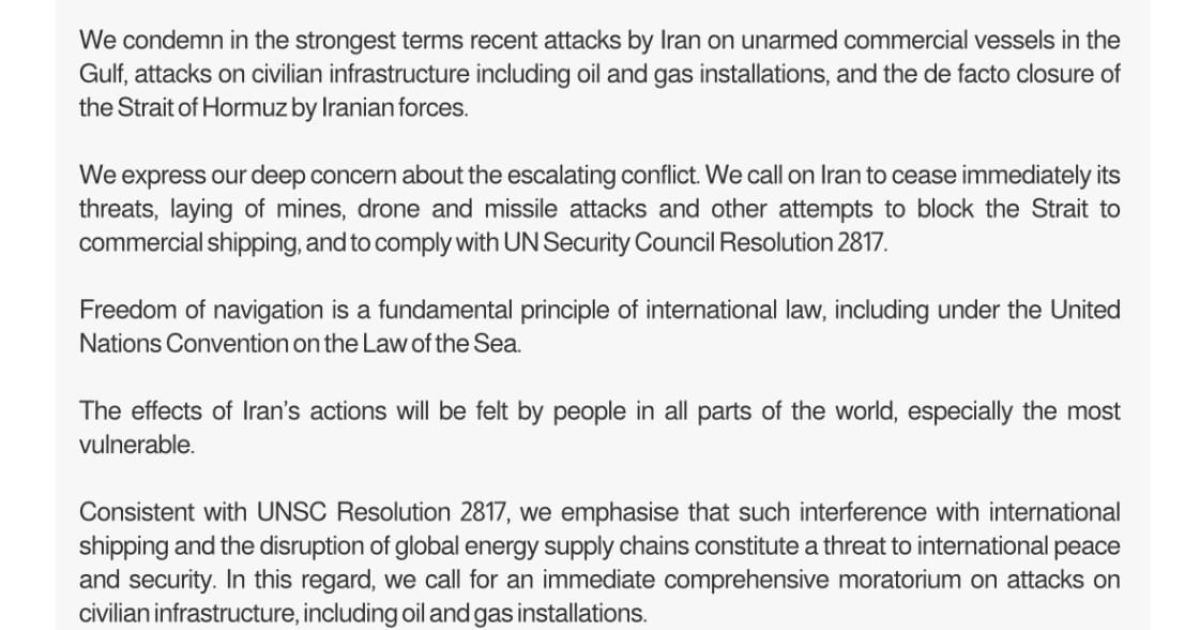 Foreign Ministry of EUA on Saturday, 21 March 2026 issued a joint statement from a number of countries, strongly condemning Iran's recent attacks against unarmed commercial vessels at Hormuz Strait (Photo/UAE Foreign Ministry)