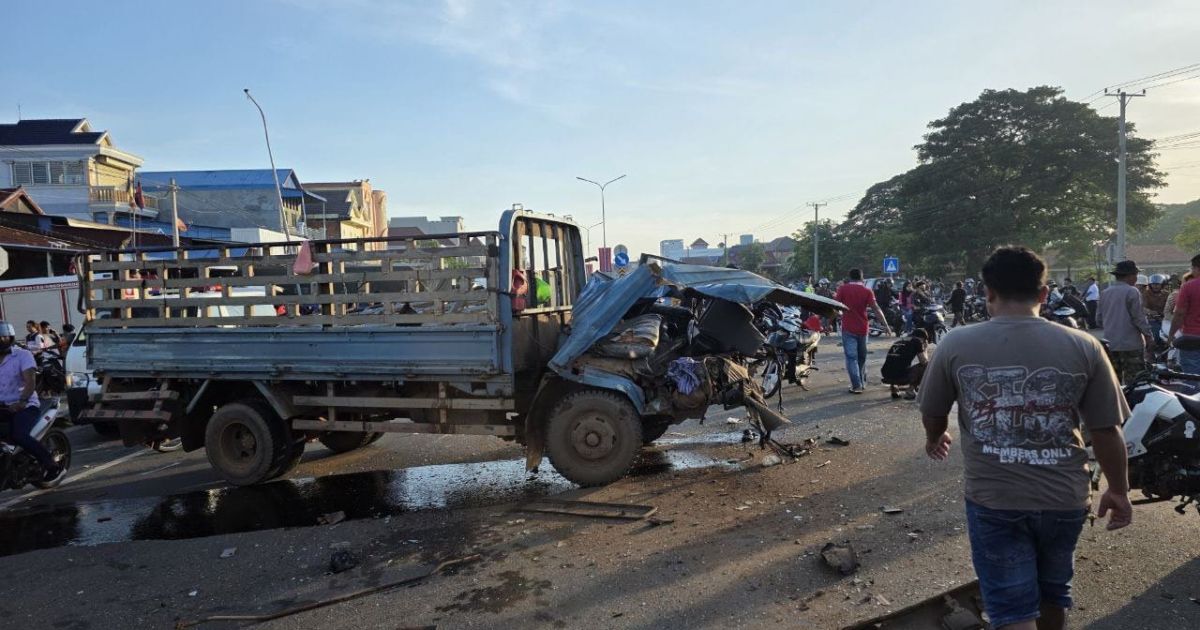 A worker transport vehicle that hit by a container truck in Cambodia on Saturday, 23 May 2026 (Photo/X/Jacob in Cambodia)