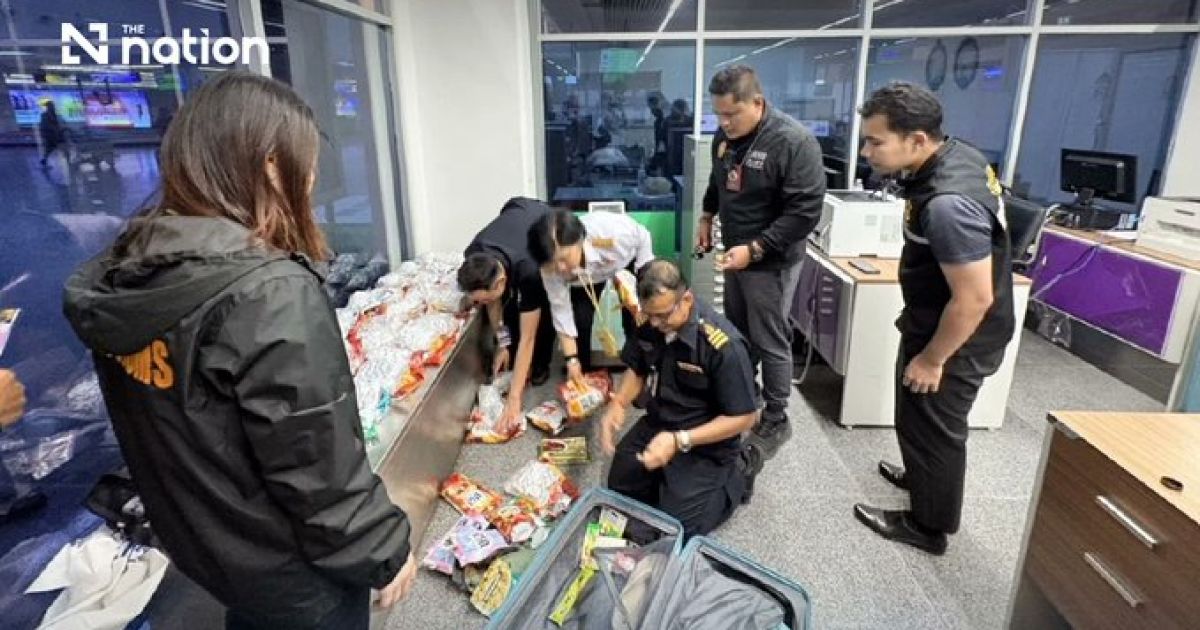 Thai Customs on Wednesday, 8 July 2026 seized luggage, containing 35 vacuum-sealed packs of cannabis flowers and 12 packs of cannabis resin, in Phuket International Airport (Photo: X/Thenation TH)
