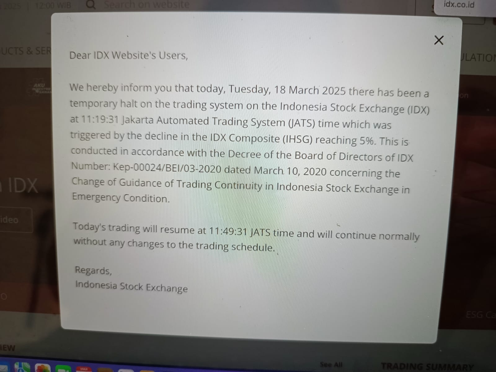 Indonesia’s Stock Exchange Halts Trading After Index Declining 5%